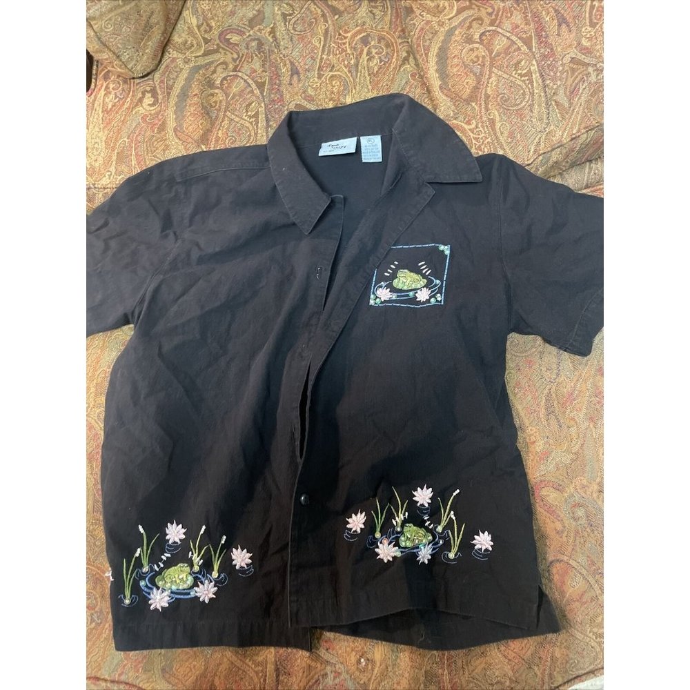 Jane Ashley Petite Vintage 1980s Embroidered Frog Pattern Shirt
